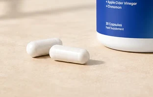 Twee witte capsules van GLPrimal op een keukenblad
