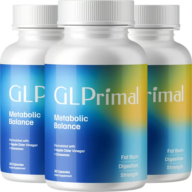 Drie potjes GLPrimal Metabolic Balance naast elkaar op een transparante achtergrond