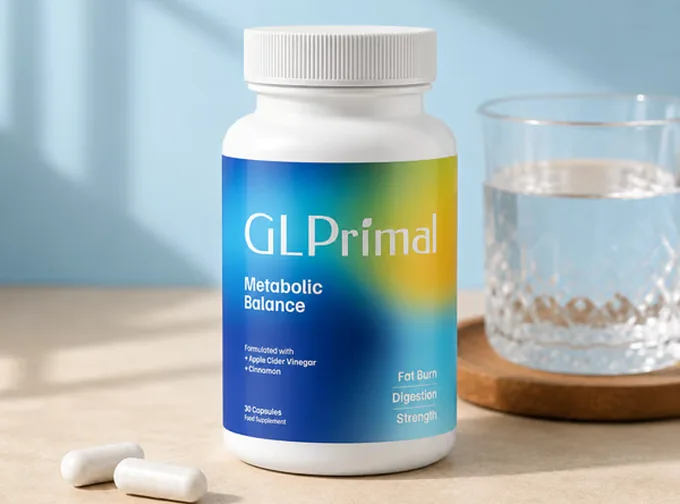 Potje GLPrimal naast een glas water en twee witte capsules